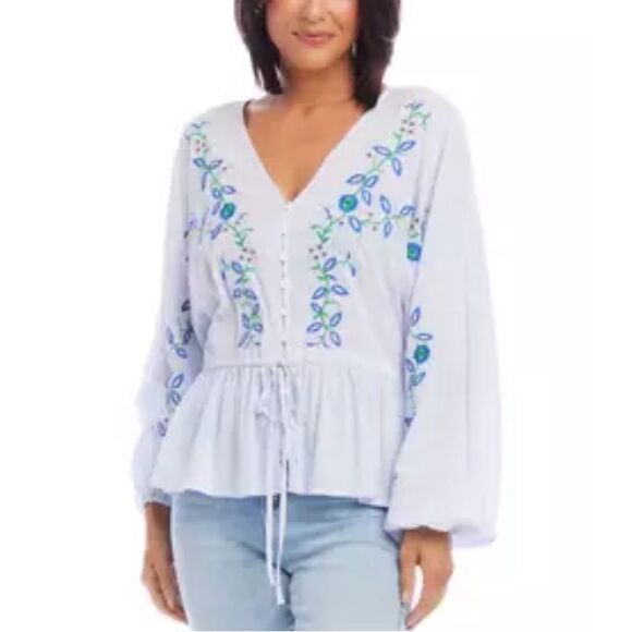 Karen Kane Boho Blouse in Blue & White Stripe with Embroidery Detail - Size L - Picture 1 of 7